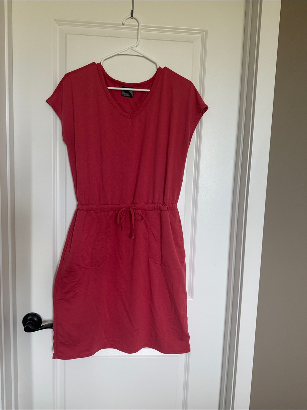 Casual V-Neck Red Drawstring Waist Dress